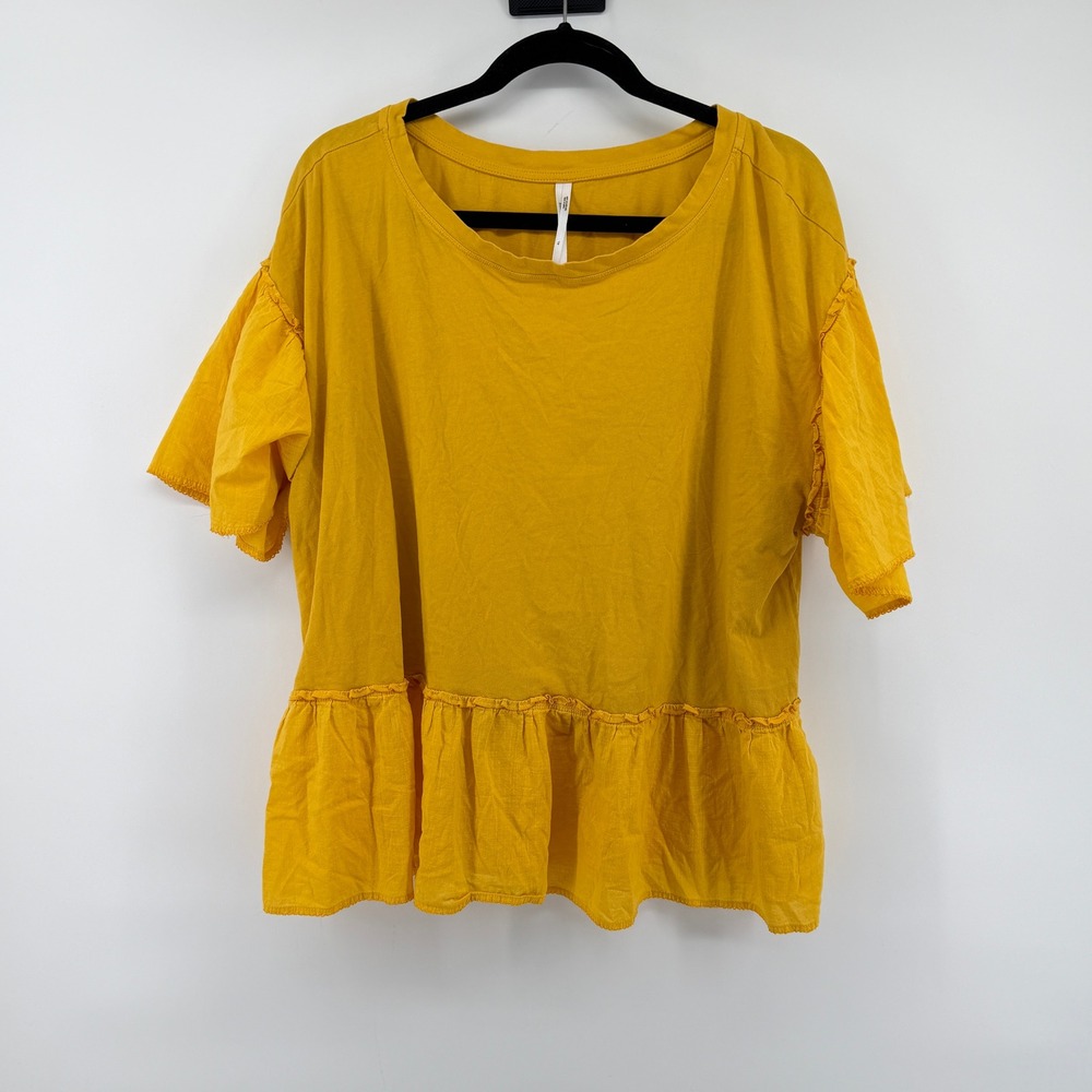Anthropologie Peplum Top Ruffle Short Sleeve XL Yellow Womens Slub Knit Cotton